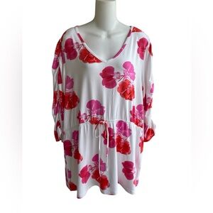 Shavonne Dorsey Floral Stretch Top Blouse 3/4 Sleeve Waist Tie Pink Red White 1X